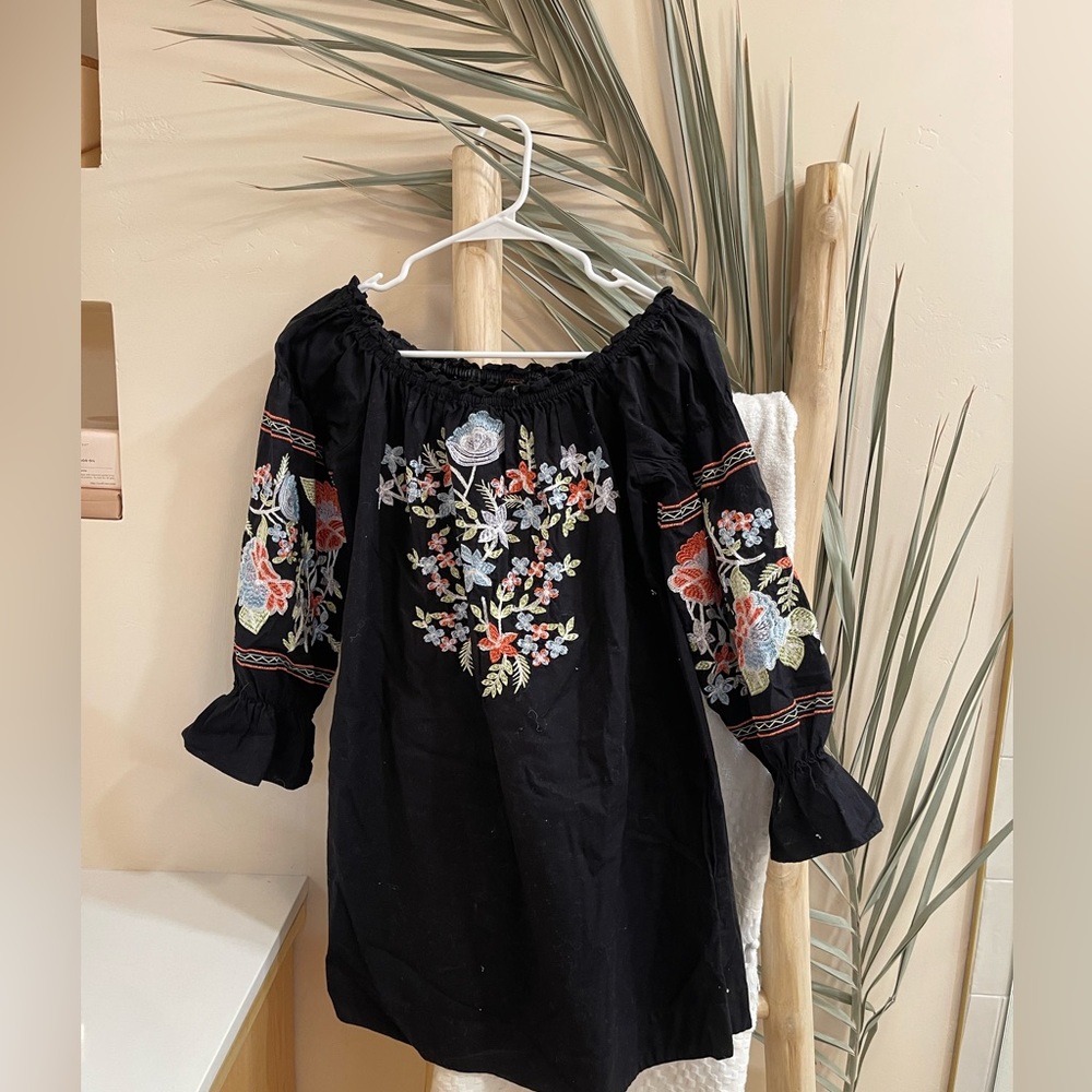 Free people Black mini dress with floral embroidery